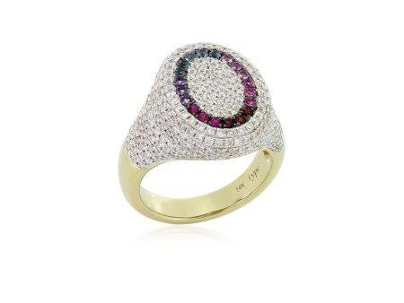 The 6th Rainbow, 14K Yellow Gold, Multi-Gemstones + Diamond Signet Ring on Sale